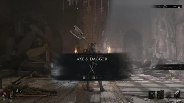 The Axe and Dagger weapon pickup inside a ruined hall