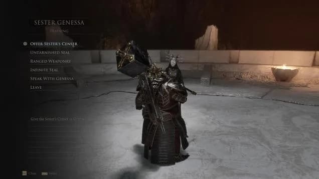 Sester Genessa opens her dialogue menu beside a brazier