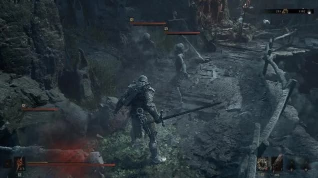 Harros approaches several enemies along a ruined stone path