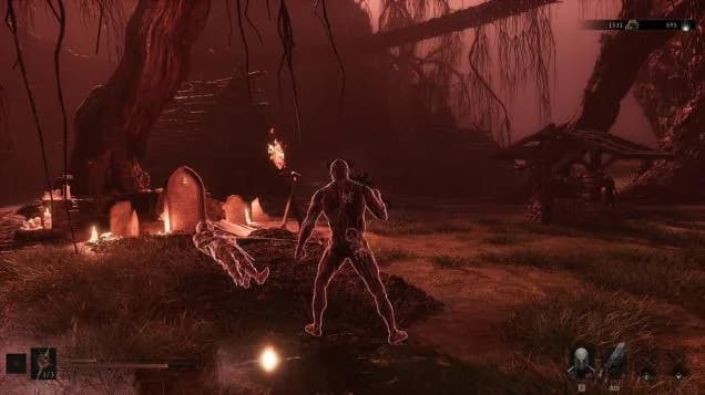 Tiel confronts an enemy among torch-lit graves in Fainweald